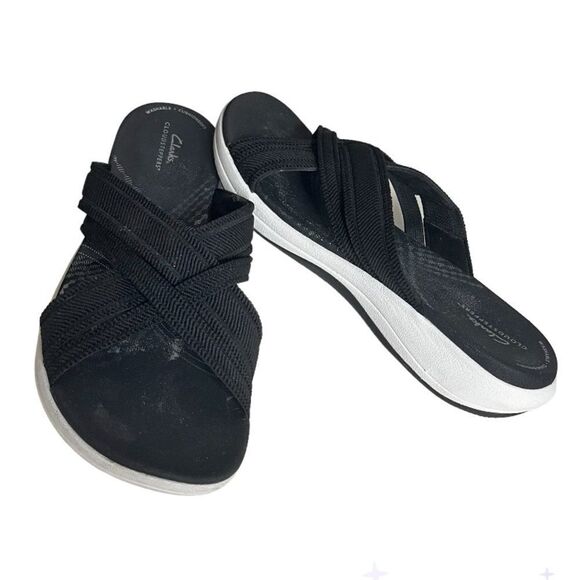 CLARKS Sandals Mira Isle Slide Black White Cloudsteppers Textile Upper Size 10 - Picture 9 of 9